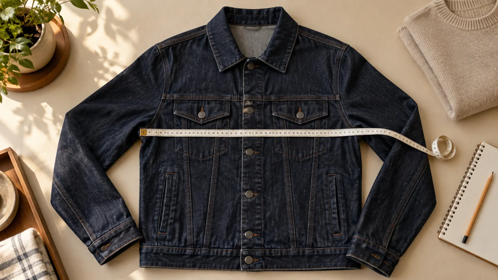 A dark denim jacket laid flat with a tailor’s tape measuring its chest across a worktable.