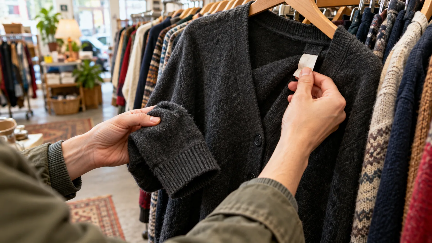 Hands inspect the cuff and care label of a charcoal wool cardigan on a thrift-store rack.
